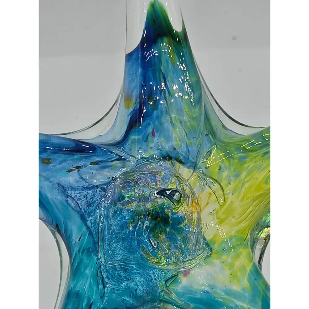 Signed Luke Adams Hand Blown Art Glass Starfish Suncatcher Ornament Blue Green 8